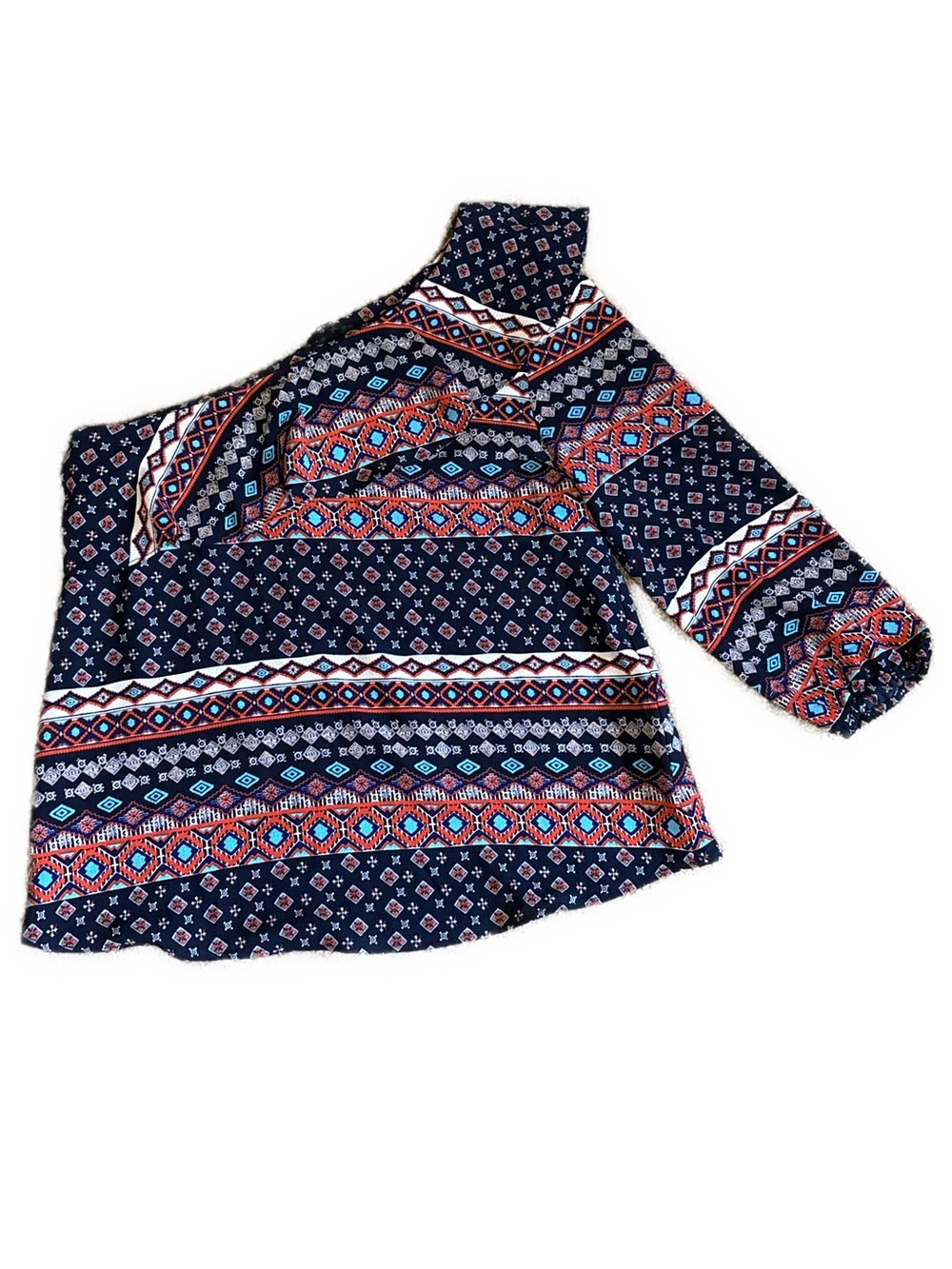 Women’s Small Collective Concepts Navy Aztec Print One-Shoulder Top